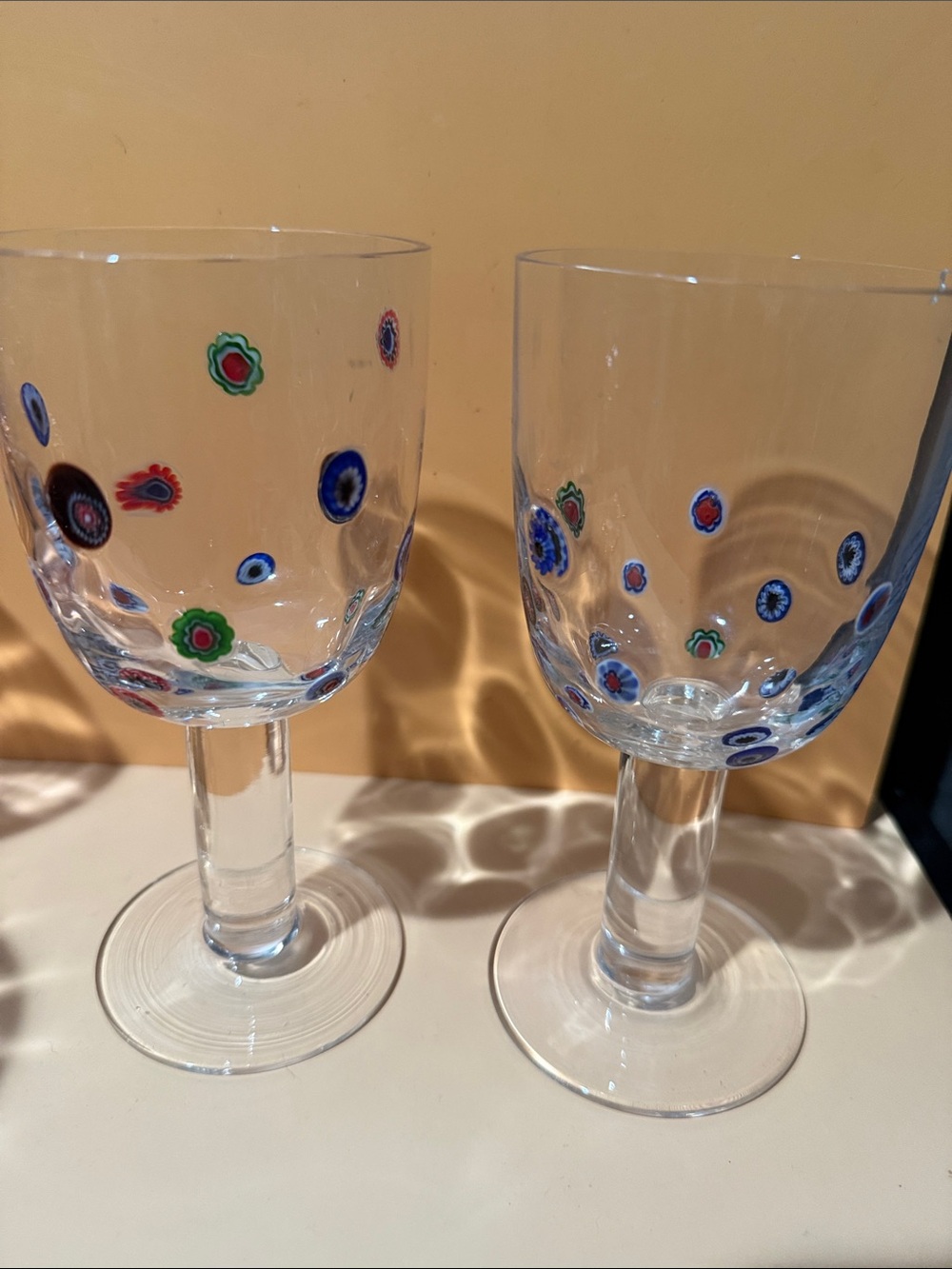 Hand-Blown Decorative Wine Glasses with Multicolor Millefiori Dots - 6 3/4”